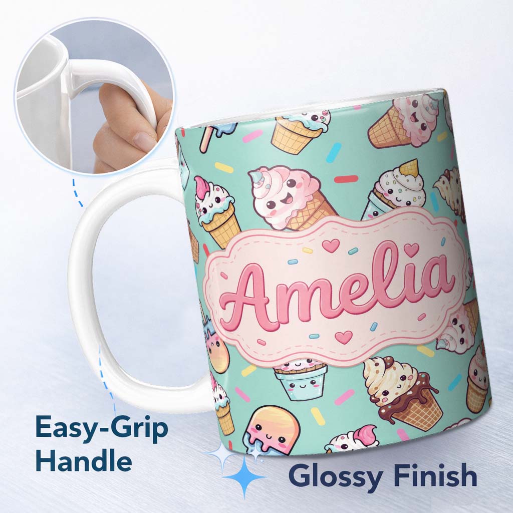 Personalized Custom Name Cute Kawaii Ice Cream Desserts on Mint Background Seamless Pattern 11oz Ceramic Coffee Tea Mug White Large Handle