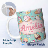 Personalized Custom Name Cute Kawaii Ice Cream Desserts on Mint Background Seamless Pattern 11oz Ceramic Coffee Tea Mug White Large Handle