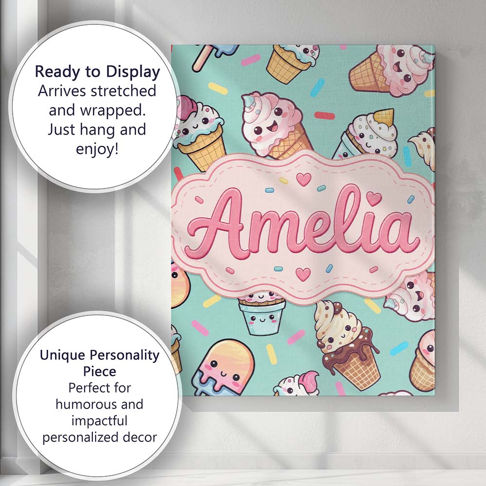 Personalised Name Cute Kawaii Ice Cream Custom  Modern Room Accent Elegant Feature Canvas Wall Art Print Decor Picture Ready to Hang