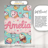 Cute Kawaii Ice Cream Desserts on Mint Background Seamless Pattern  Personalised Custom Name Super Soft Fleece Blanket Bed Sofa Throw