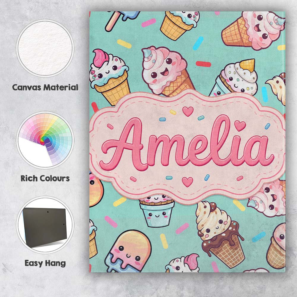 Personalised Name Cute Kawaii Ice Cream Custom  Modern Room Accent Elegant Feature Canvas Wall Art Print Decor Picture Ready to Hang