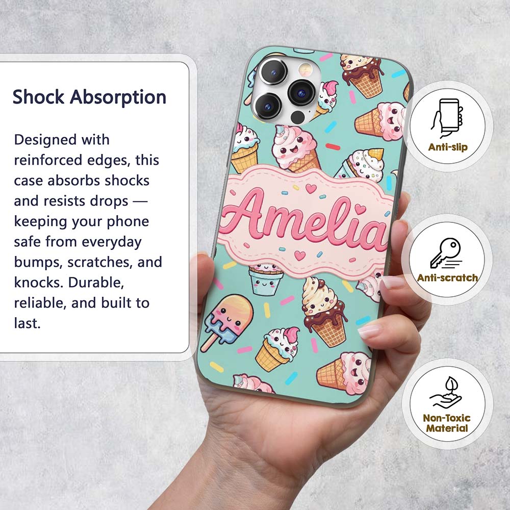 Cute Kawaii Ice Cream Desserts on Mint Background Custom Name Protective Phone Case Mobile Cover Durable Everyday Smartphone Shock Resistant