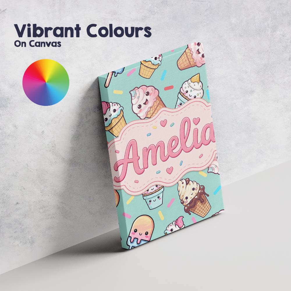 Personalised Name Cute Kawaii Ice Cream Custom  Modern Room Accent Elegant Feature Canvas Wall Art Print Decor Picture Ready to Hang