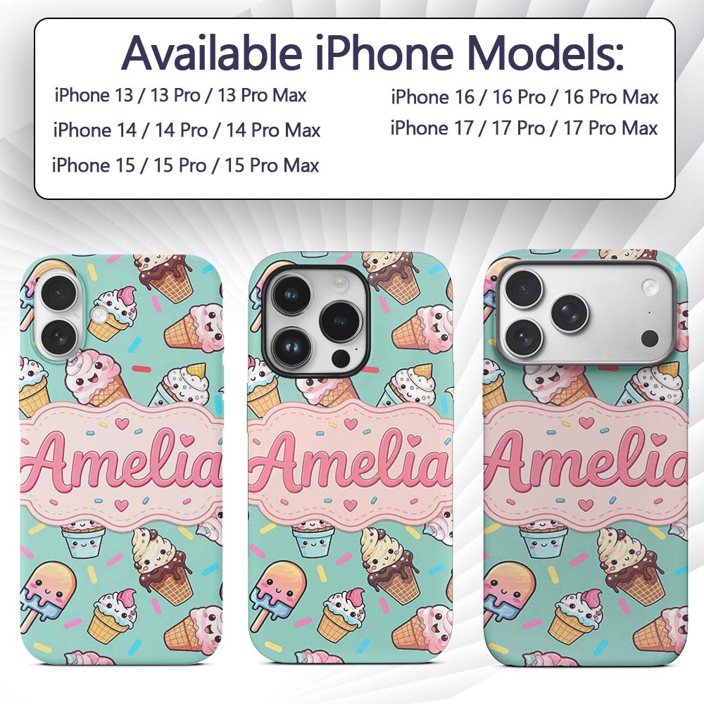 Cute Kawaii Ice Cream Desserts on Mint Background Custom Name Protective Phone Case Mobile Cover Durable Everyday Smartphone Shock Resistant