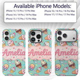 Cute Kawaii Ice Cream Desserts on Mint Background Custom Name Protective Phone Case Mobile Cover Durable Everyday Smartphone Shock Resistant