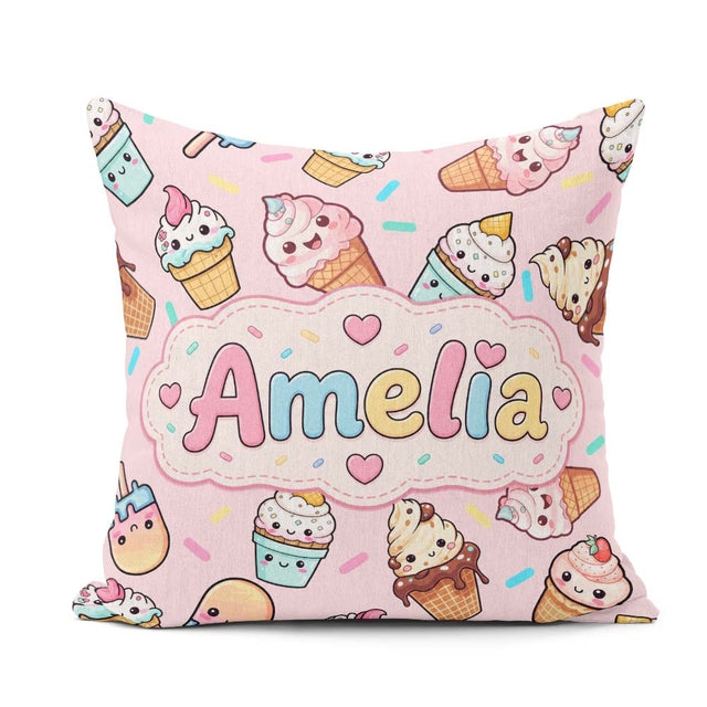 Custom Name Kawaii Ice Cream Desserts on Pink Background Pattern Square Filled Cushion Throw Pillow Sofa Bed Home Decor Zip Washable UK Made