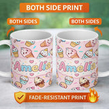 Personalized Custom Name Cute Kawaii Ice Cream Desserts on Pink Background Seamless Pattern 11oz Ceramic Coffee Tea Mug White Large Handle