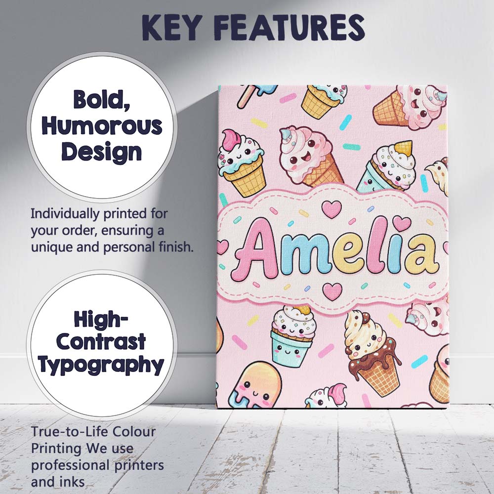 Personalised Name Cute Kawaii Ice Cream Custom  Modern Room Accent Elegant Feature Canvas Wall Art Print Decor Picture Ready to Hang