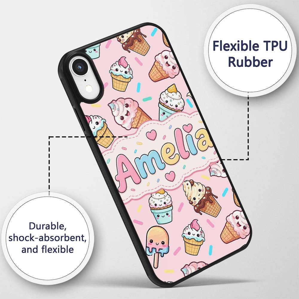 Cute Kawaii Ice Cream Desserts on Pink Background Custom Name Protective Phone Case Mobile Cover Durable Everyday Smartphone Shock Resistant