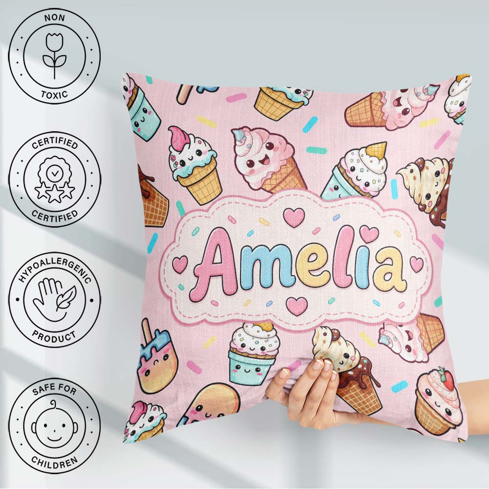 Custom Name Kawaii Ice Cream Desserts on Pink Background Pattern Square Filled Cushion Throw Pillow Sofa Bed Home Decor Zip Washable UK Made