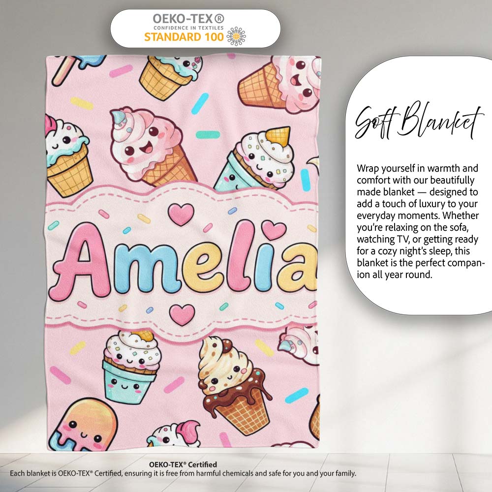 Cute Kawaii Ice Cream Desserts on Pink Background Seamless Pattern  Personalised Custom Name Super Soft Fleece Blanket Bed Sofa Throw
