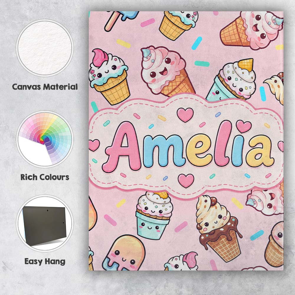 Personalised Name Cute Kawaii Ice Cream Custom  Modern Room Accent Elegant Feature Canvas Wall Art Print Decor Picture Ready to Hang