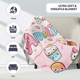 Cute Kawaii Ice Cream Desserts on Pink Background Seamless Pattern  Personalised Custom Name Super Soft Fleece Blanket Bed Sofa Throw