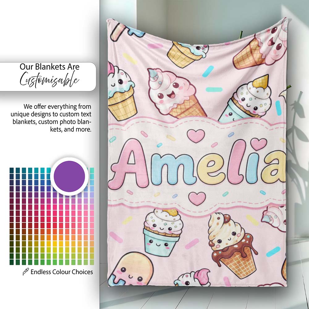 Cute Kawaii Ice Cream Desserts on Pink Background Seamless Pattern  Personalised Custom Name Super Soft Fleece Blanket Bed Sofa Throw