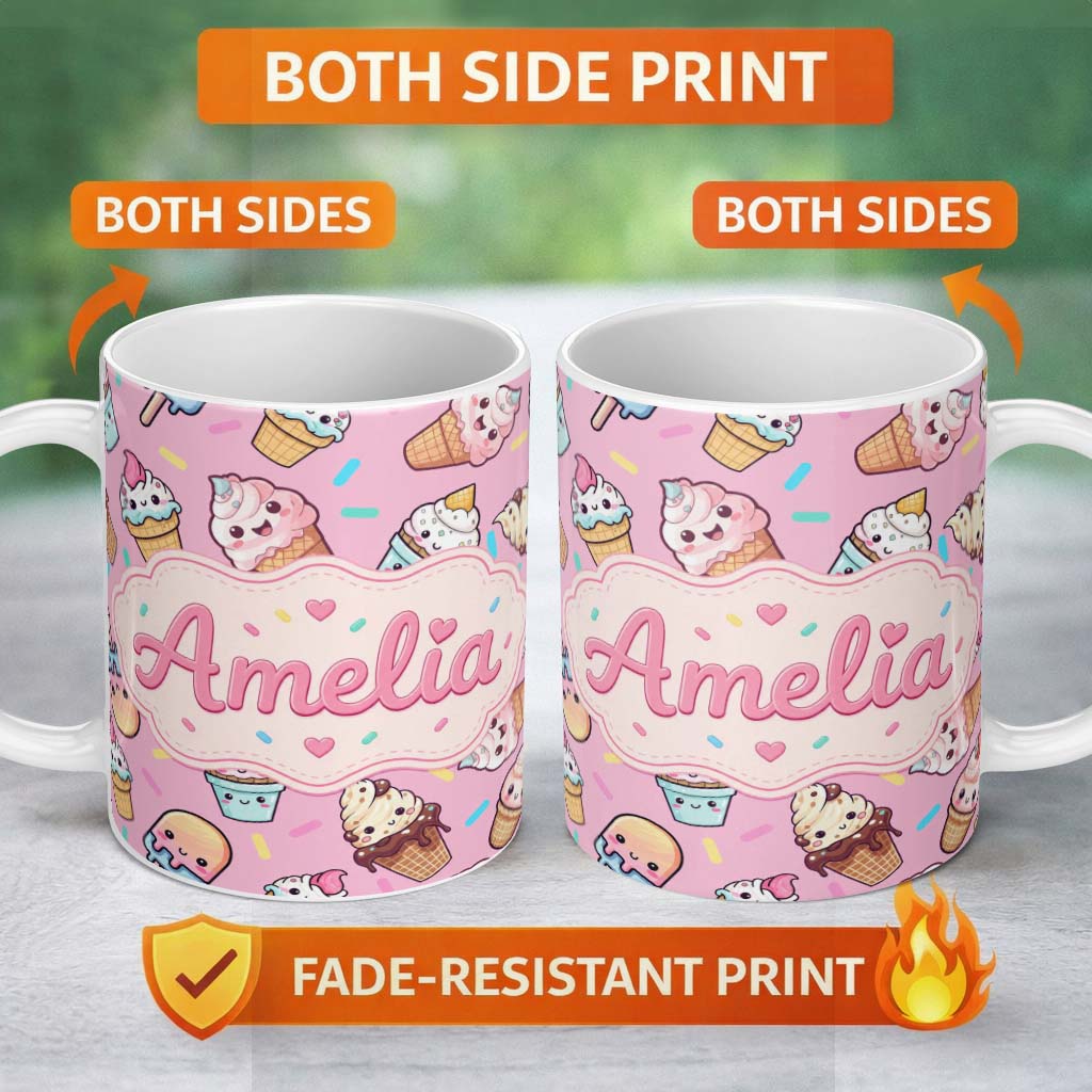 Personalized Custom Name Cute Kawaii Ice Cream Desserts on Pink Background Seamless Pattern 11oz Ceramic Coffee Tea Mug White Large Handle