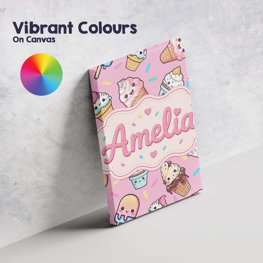 Personalised Name Cute Kawaii Ice Cream Custom  Modern Room Accent Elegant Feature Canvas Wall Art Print Decor Picture Ready to Hang