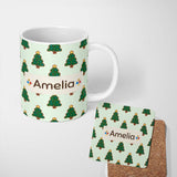 Personalized Custom Name Cute Cartoon Christmas Trees with Colorful Lights Minimal Seamless 11oz Ceramic Coffee Tea Mug White Large Handle