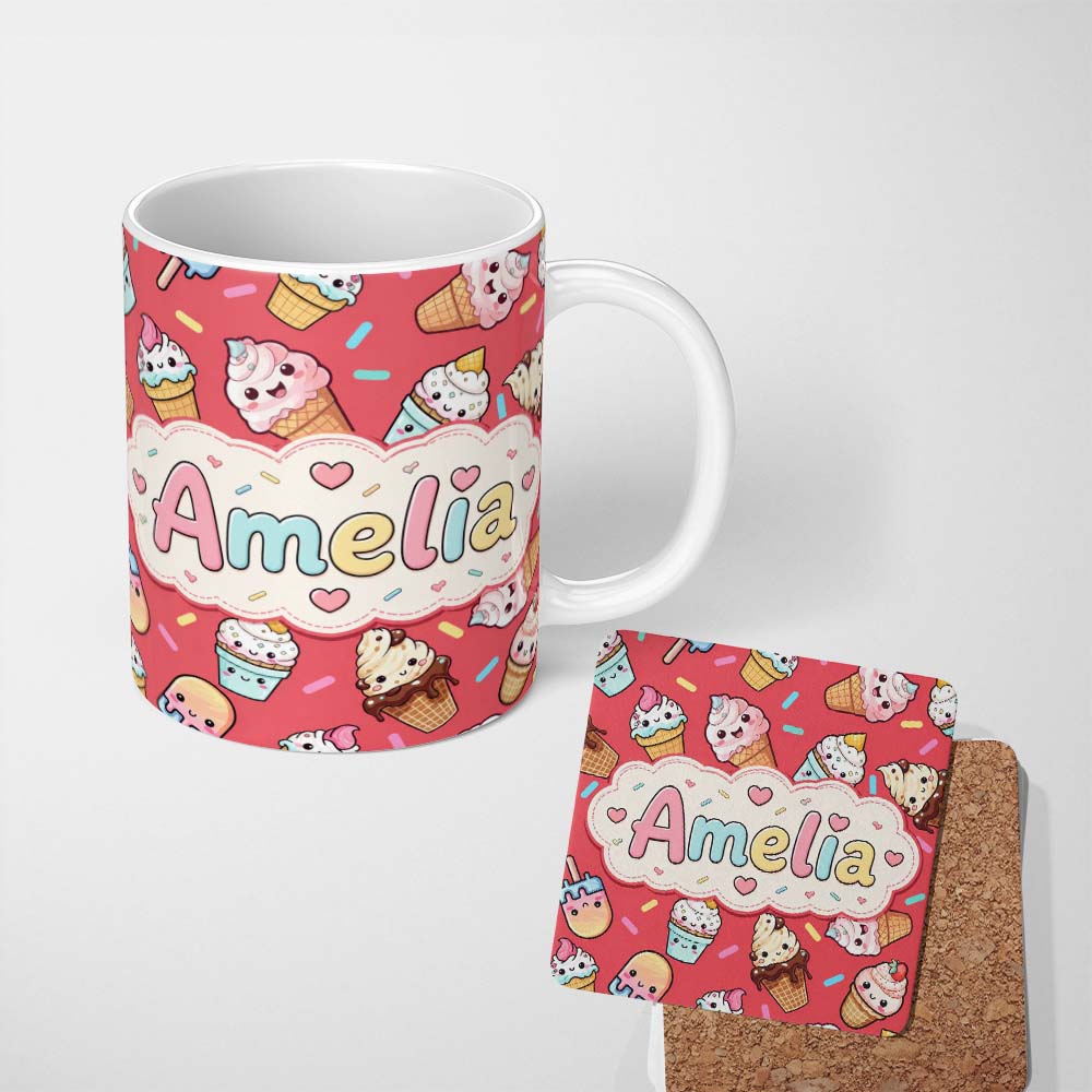 Personalized Custom Name Cute Kawaii Ice Cream Desserts on Red Background Seamless Pattern 11oz Ceramic Coffee Tea Mug White Large Handle