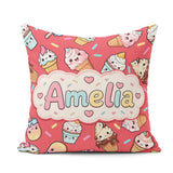Custom Name Kawaii Ice Cream Desserts on Red Background Seamless Square Filled Cushion Throw Pillow Sofa Bed Home Decor Zip Washable UK Made