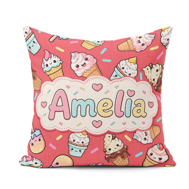 Custom Name Kawaii Ice Cream Desserts on Red Background Seamless Square Filled Cushion Throw Pillow Sofa Bed Home Decor Zip Washable UK Made