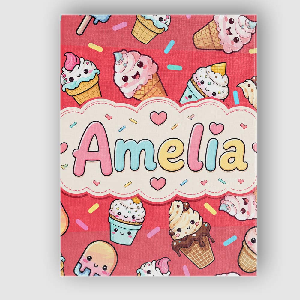 Personalised Name Cute Kawaii Ice Cream Custom  Modern Room Accent Elegant Feature Canvas Wall Art Print Decor Picture Ready to Hang