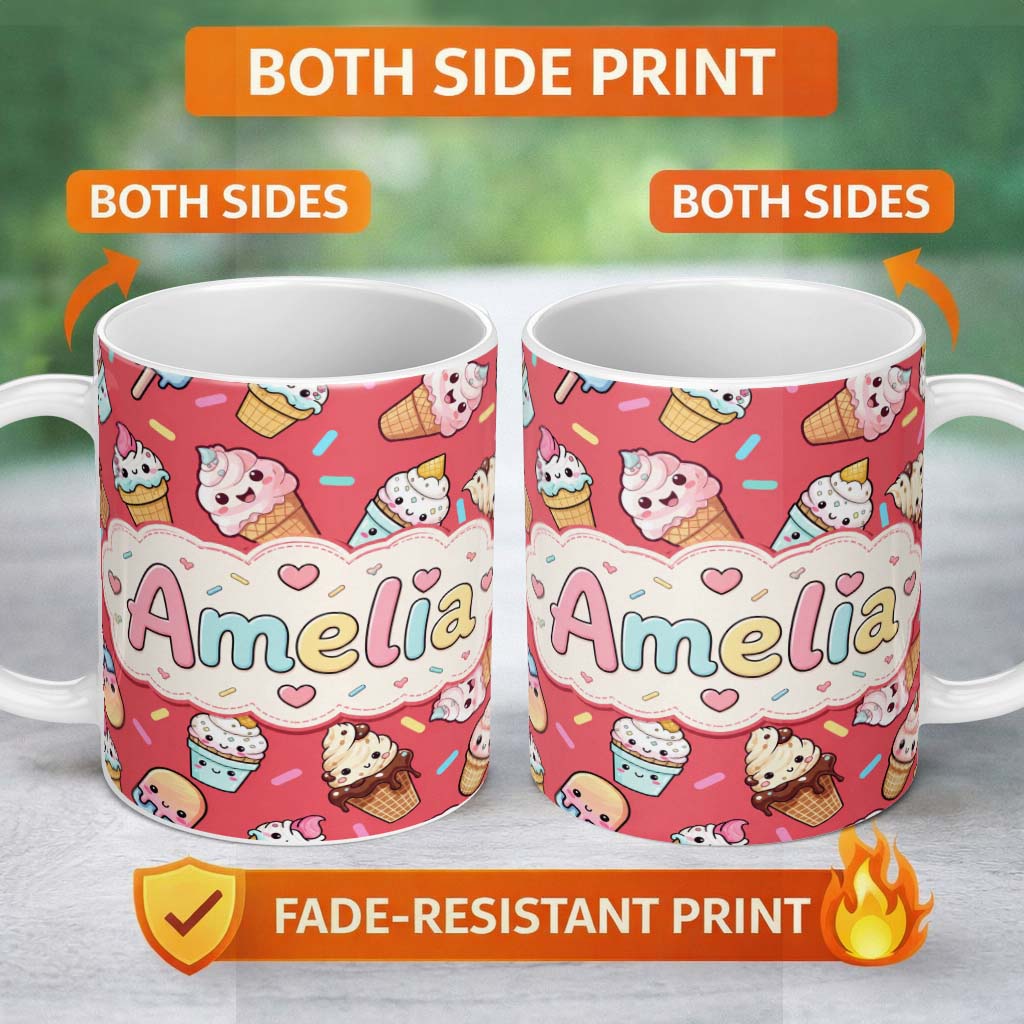 Personalized Custom Name Cute Kawaii Ice Cream Desserts on Red Background Seamless Pattern 11oz Ceramic Coffee Tea Mug White Large Handle