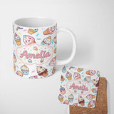 Personalized Custom Name Cute Kawaii Ice Cream Desserts on Grey Background Seamless Pattern 11oz Ceramic Coffee Tea Mug White Large Handle