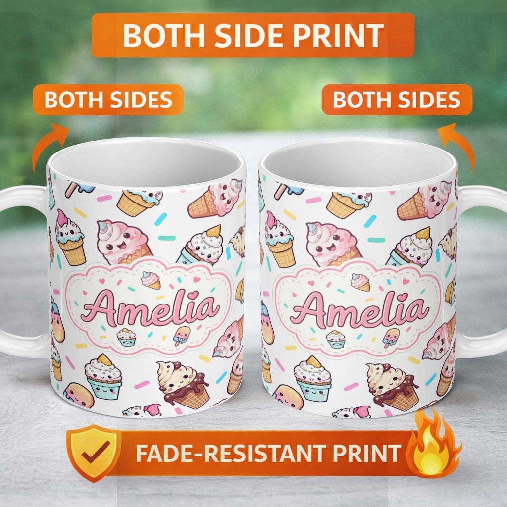 Personalized Custom Name Cute Kawaii Ice Cream Desserts on Grey Background Seamless Pattern 11oz Ceramic Coffee Tea Mug White Large Handle
