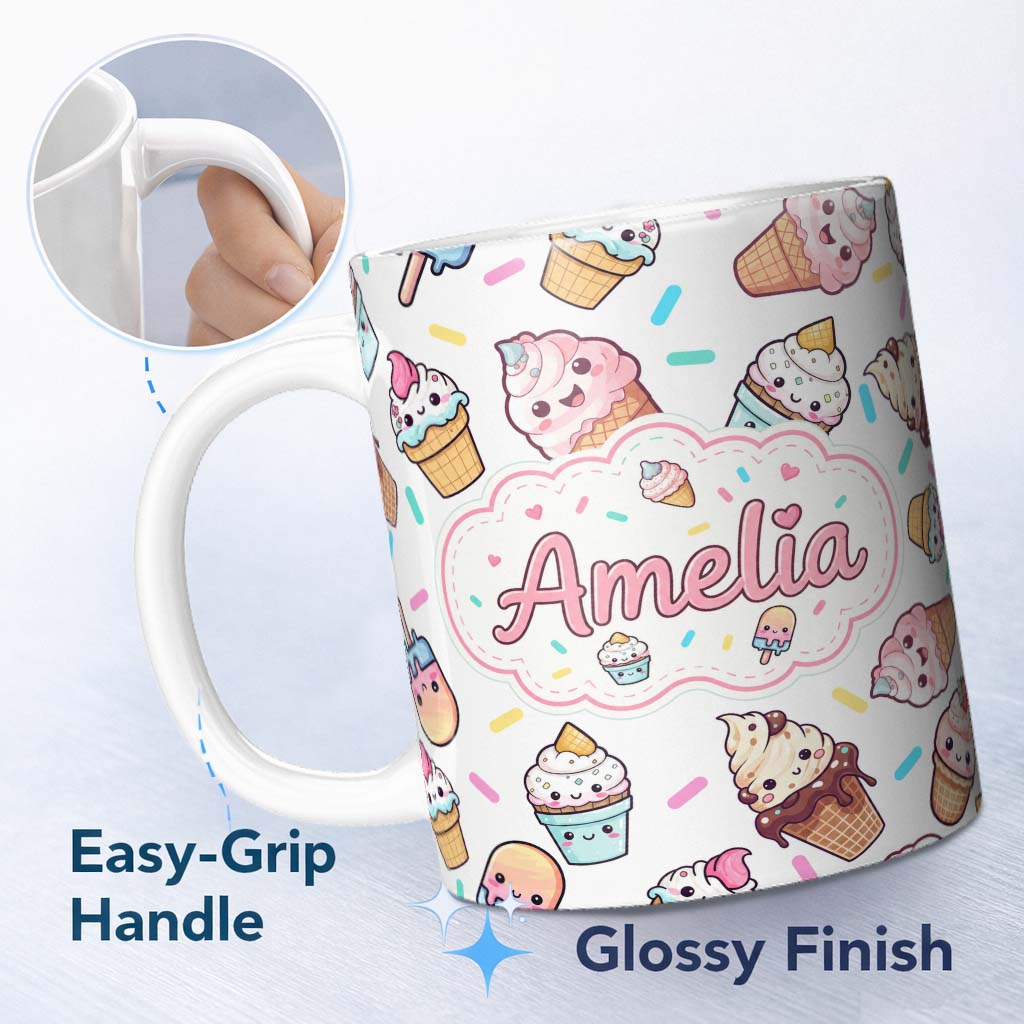 Personalized Custom Name Cute Kawaii Ice Cream Desserts on Grey Background Seamless Pattern 11oz Ceramic Coffee Tea Mug White Large Handle