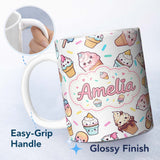 Personalized Custom Name Cute Kawaii Ice Cream Desserts on Grey Background Seamless Pattern 11oz Ceramic Coffee Tea Mug White Large Handle