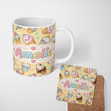Personalized Custom Name Cute Kawaii Ice Cream Desserts on Yellow Background Seamless 11oz Ceramic Coffee Tea Mug White Large Handle