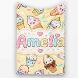 Cute Kawaii Ice Cream Desserts on Yellow Background Seamless  Personalised Custom Name Super Soft Fleece Blanket Bed Sofa Throw