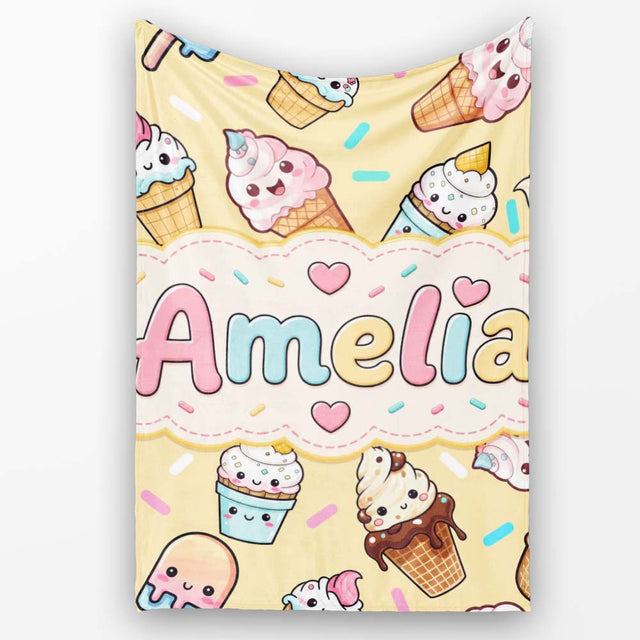 Cute Kawaii Ice Cream Desserts on Yellow Background Seamless  Personalised Custom Name Super Soft Fleece Blanket Bed Sofa Throw