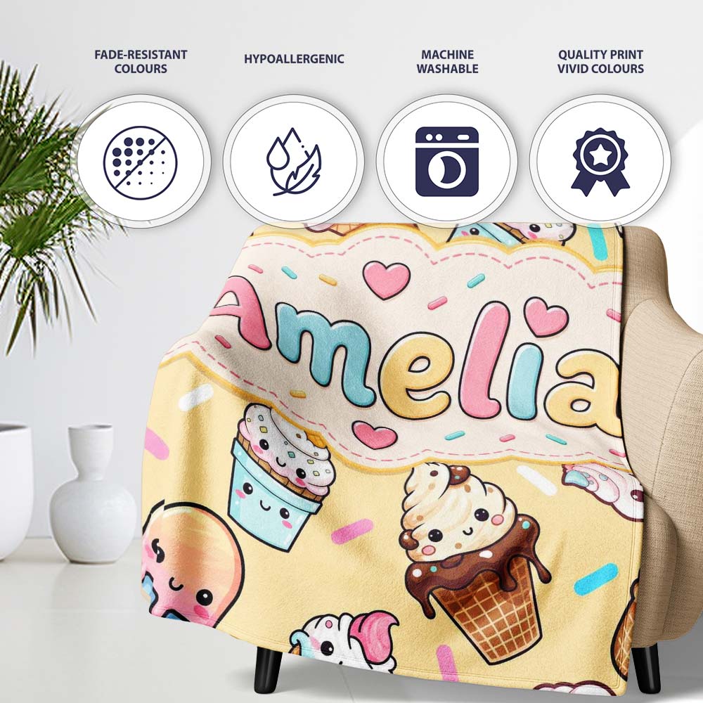 Cute Kawaii Ice Cream Desserts on Yellow Background Seamless  Personalised Custom Name Super Soft Fleece Blanket Bed Sofa Throw