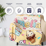 Cute Kawaii Ice Cream Desserts on Yellow Background Seamless  Personalised Custom Name Super Soft Fleece Blanket Bed Sofa Throw