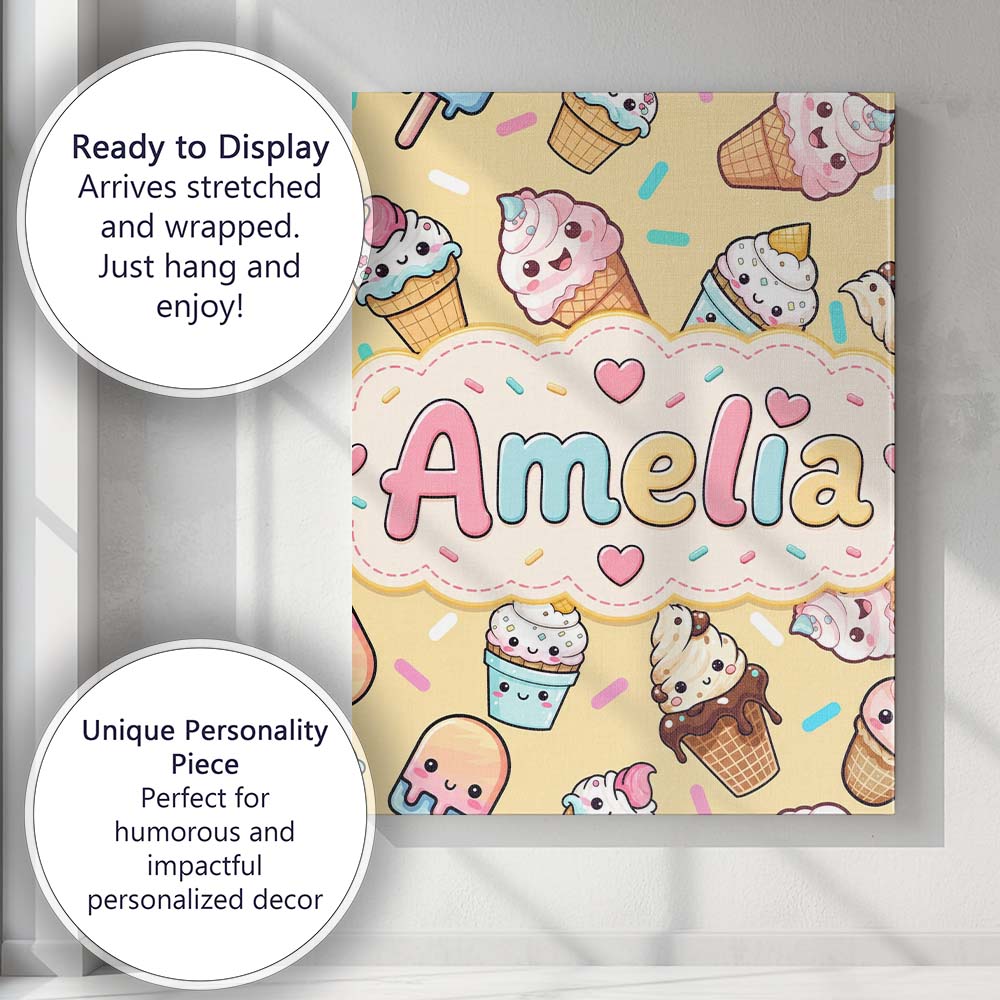 Personalised Name Cute Kawaii Ice Cream Custom  Modern Room Accent Elegant Feature Canvas Wall Art Print Decor Picture Ready to Hang