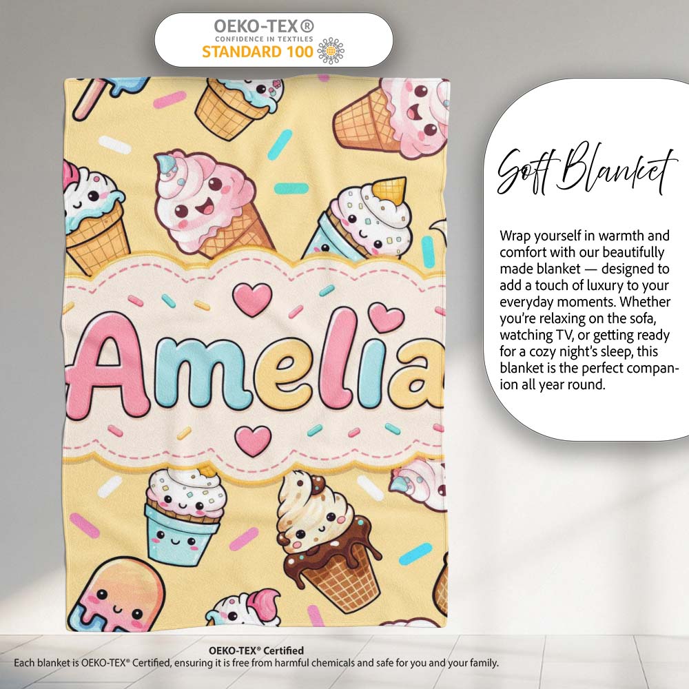 Cute Kawaii Ice Cream Desserts on Yellow Background Seamless  Personalised Custom Name Super Soft Fleece Blanket Bed Sofa Throw