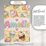 Cute Kawaii Ice Cream Desserts on Yellow Background Seamless  Personalised Custom Name Super Soft Fleece Blanket Bed Sofa Throw