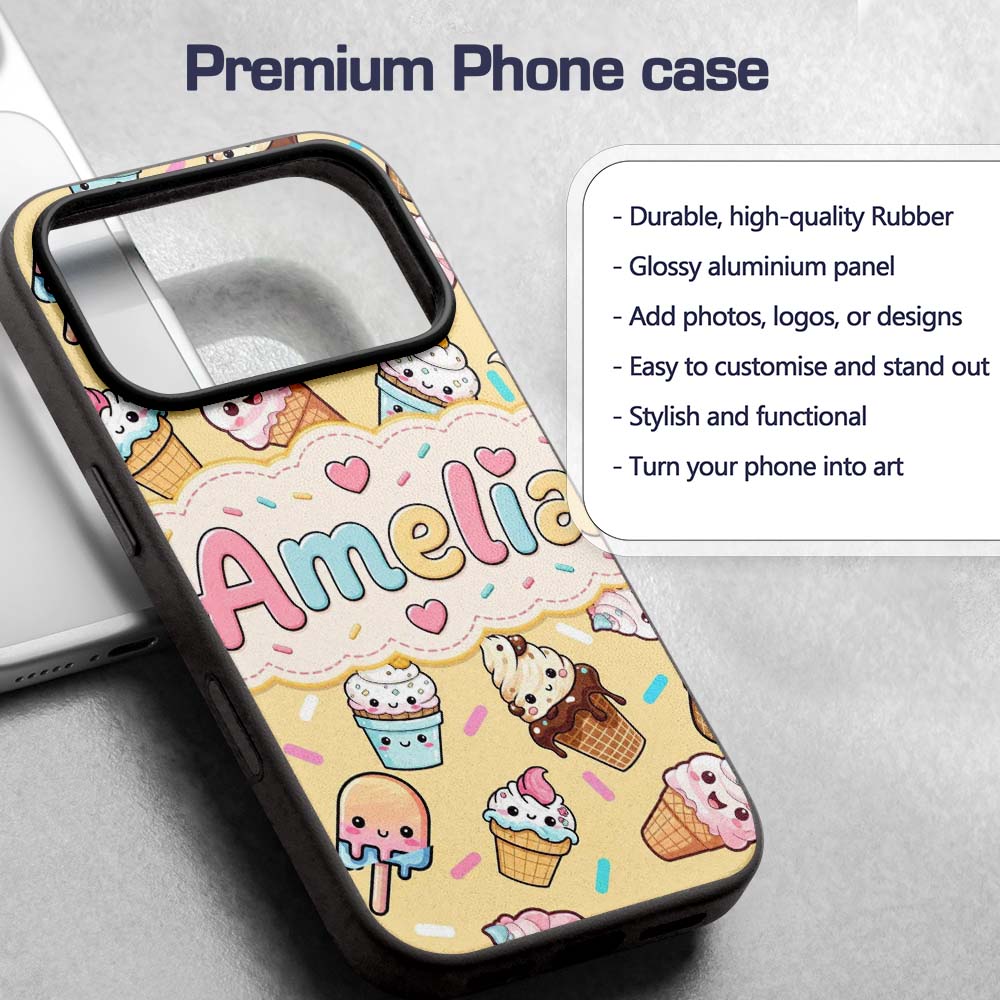 Cute Kawaii Ice Cream Desserts on Printed Design Custom Name Protective Phone Case Mobile Cover Durable Everyday Smartphone Shock Resistant