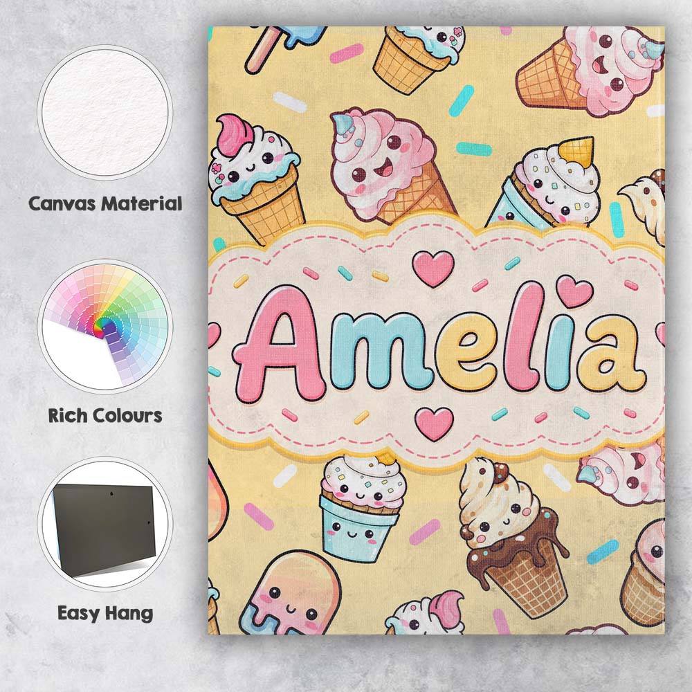 Personalised Name Cute Kawaii Ice Cream Custom  Modern Room Accent Elegant Feature Canvas Wall Art Print Decor Picture Ready to Hang