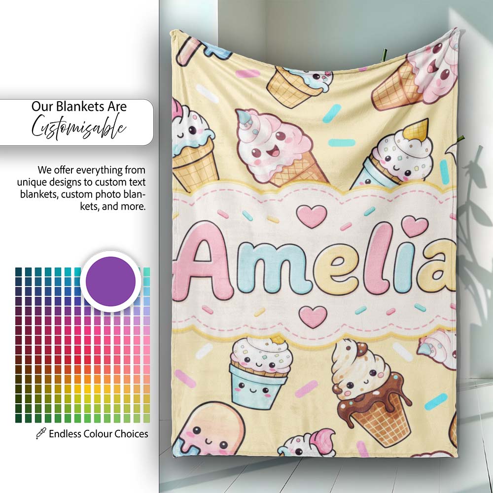 Cute Kawaii Ice Cream Desserts on Yellow Background Seamless  Personalised Custom Name Super Soft Fleece Blanket Bed Sofa Throw