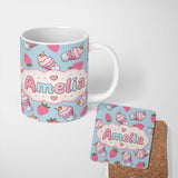 Personalized Custom Name Cute Strawberry Cupcakes with Pink Frosting Blue Background 11oz Ceramic Coffee Tea Mug White Large Handle