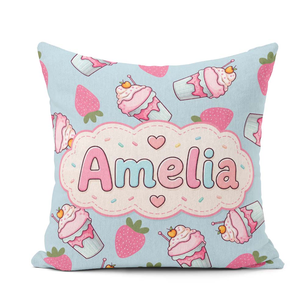 Custom Name Cute Strawberry Cupcakes with Pink Blue Background Square Filled Cushion Throw Pillow Sofa Bed Home Decor Zip Washable UK Made