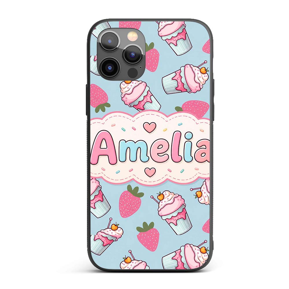 Cute Strawberry Cupcakes with Pink Frosting Blue Custom Name Protective Phone Case Mobile Cover Durable Everyday Smartphone Shock Resistant