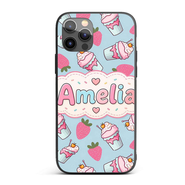 Cute Strawberry Cupcakes with Pink Frosting Blue Custom Name Protective Phone Case Mobile Cover Durable Everyday Smartphone Shock Resistant