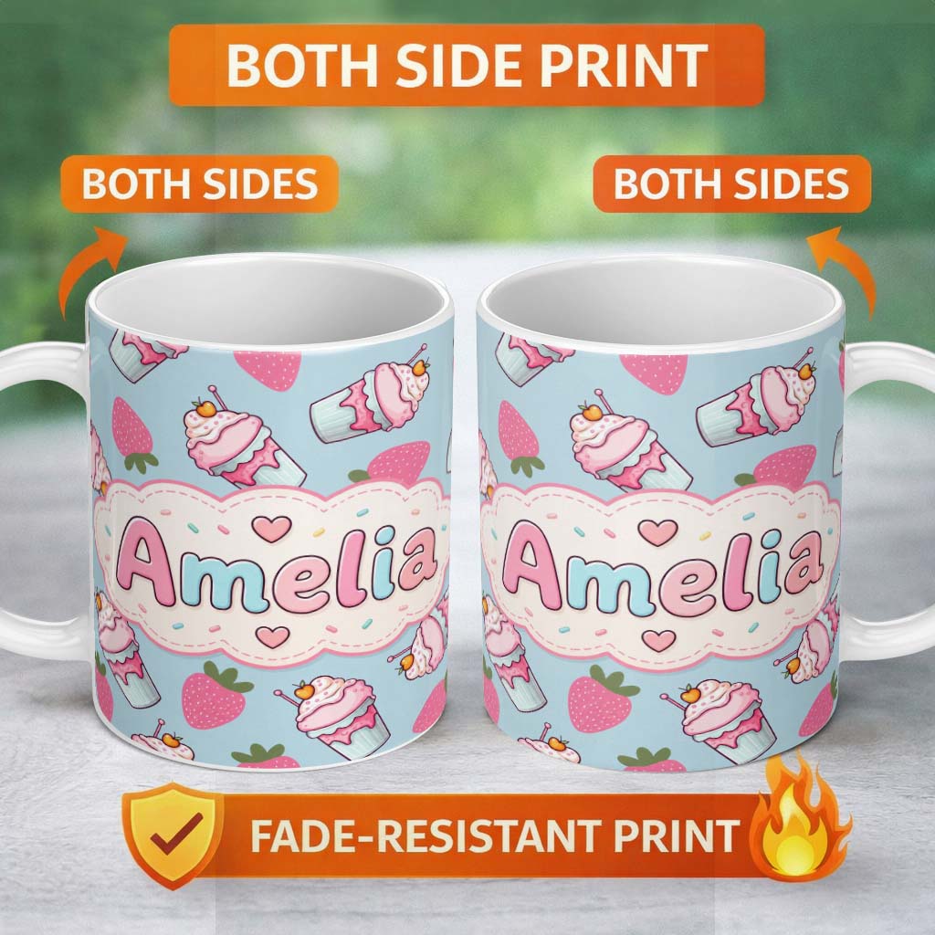 Personalized Custom Name Cute Strawberry Cupcakes with Pink Frosting Blue Background 11oz Ceramic Coffee Tea Mug White Large Handle