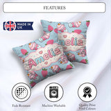 Custom Name Cute Strawberry Cupcakes with Pink Blue Background Square Filled Cushion Throw Pillow Sofa Bed Home Decor Zip Washable UK Made