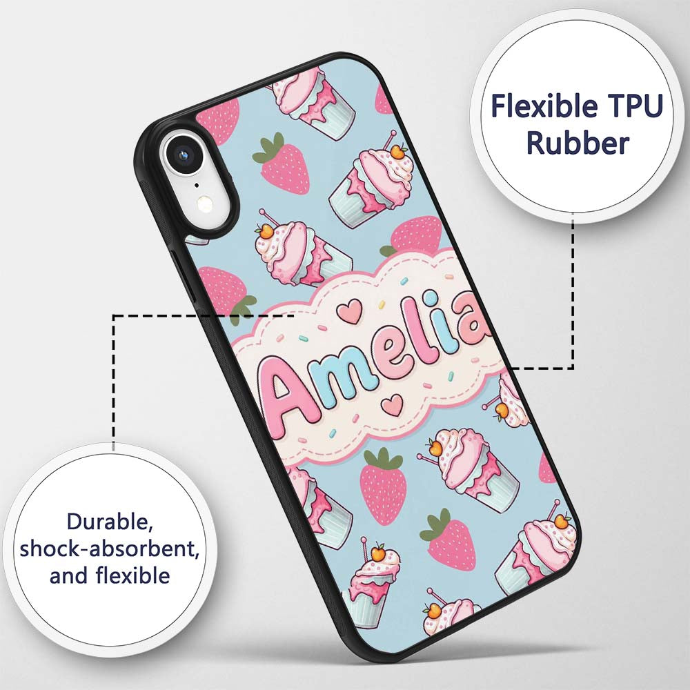 Cute Strawberry Cupcakes with Pink Frosting Blue Custom Name Protective Phone Case Mobile Cover Durable Everyday Smartphone Shock Resistant
