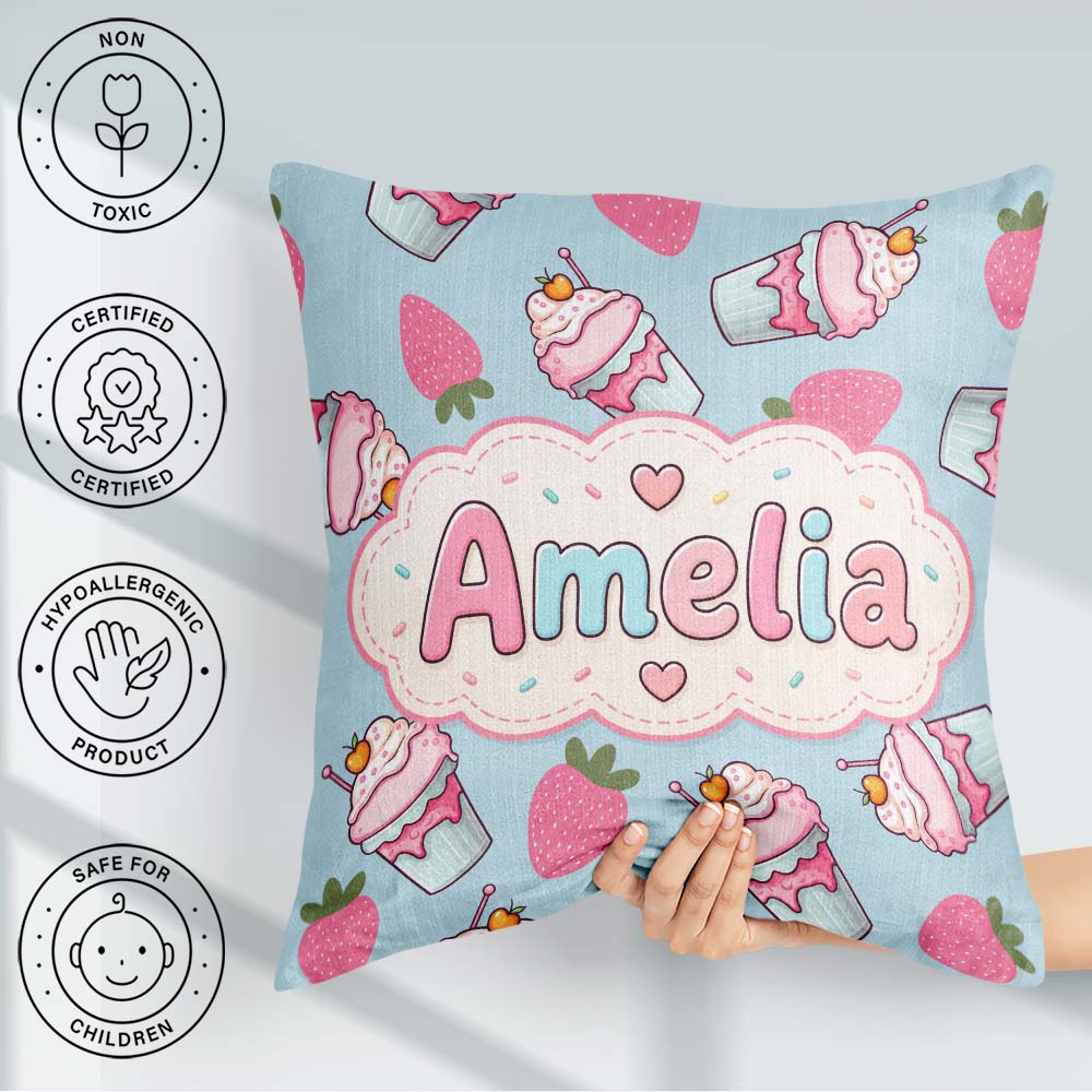 Custom Name Cute Strawberry Cupcakes with Pink Blue Background Square Filled Cushion Throw Pillow Sofa Bed Home Decor Zip Washable UK Made