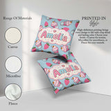 Custom Name Cute Strawberry Cupcakes with Pink Blue Background Square Filled Cushion Throw Pillow Sofa Bed Home Decor Zip Washable UK Made